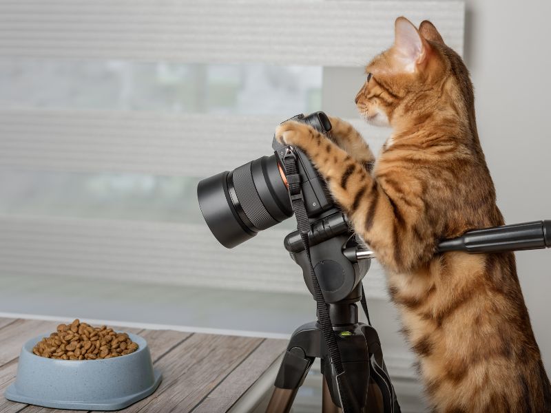 a cat with a camera on a tripod